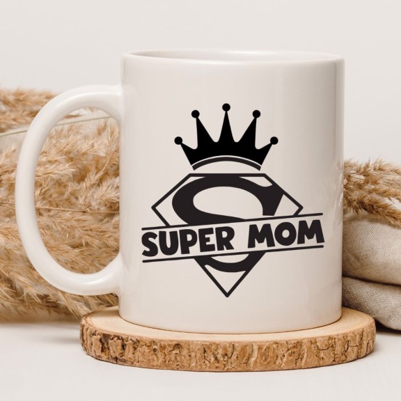Klasyczny kubek biały 330 ml z motywem Super Mom — idealny dla mamy kawoszki