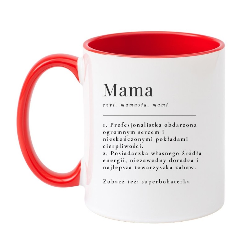Kubek biało-czerwony 330 ml z motywem o mamie — do kawy lub herbaty