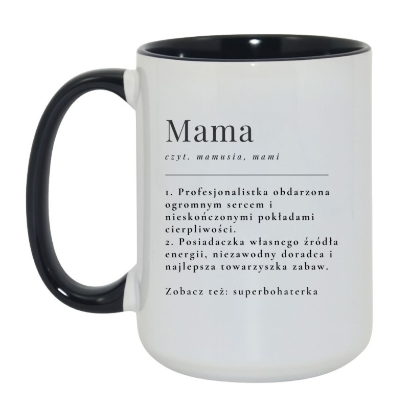 Duży kubek biało-czarny 450 ml z humorystycznym wzorem o mamie — idealny do biura