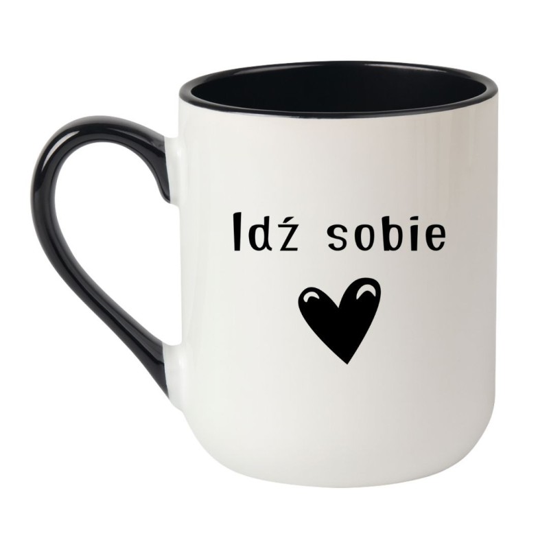 Elegancki kubek biało-czarny z zabawnym napisem i sercem