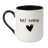 Elegancki kubek biało-czarny z zabawnym napisem i sercem