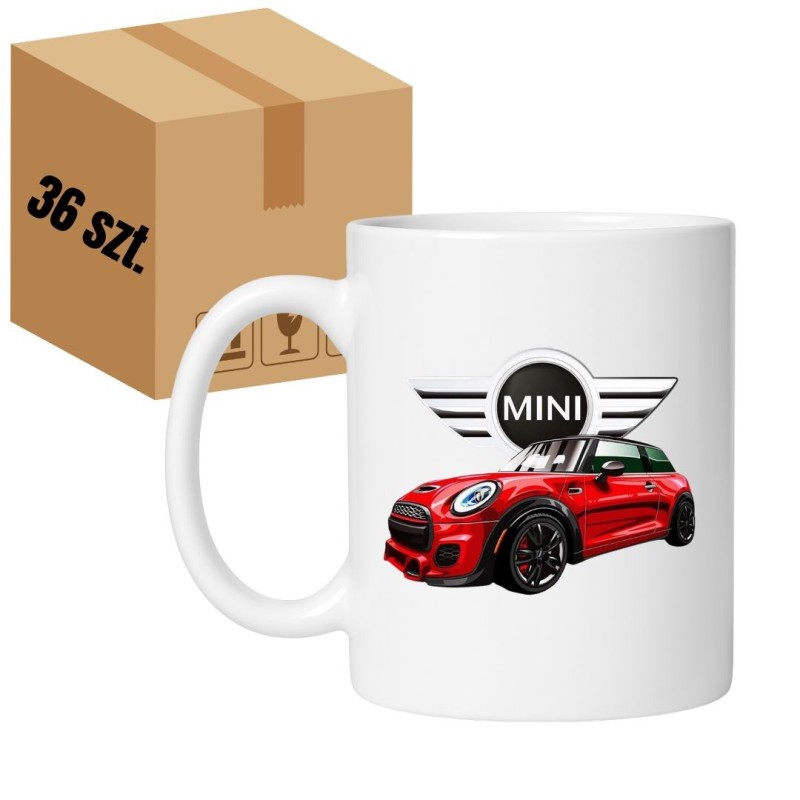 Kubek biały 330 ml z nadrukiem samochodu – zestaw 36 sztuk HURT, kubki z motywem auta Mini Cooper.